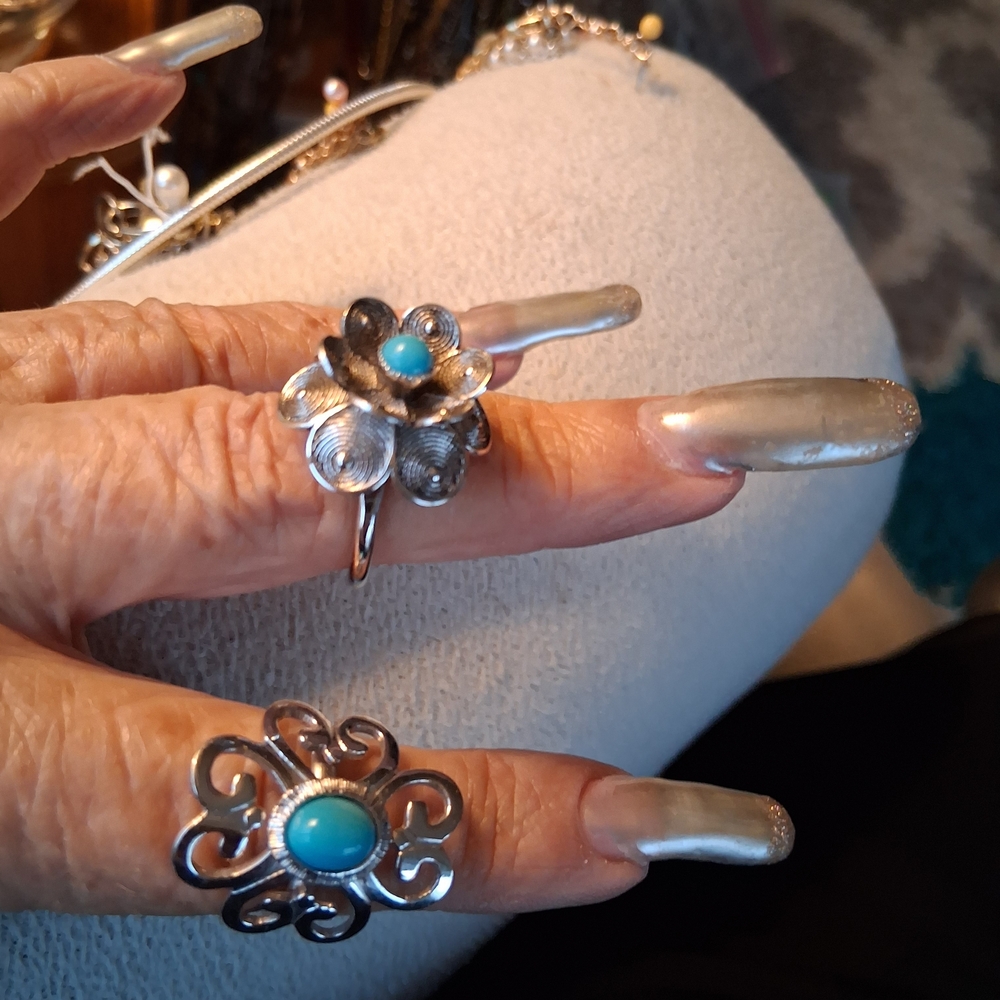 No Longer Available.  Silver Flower Ring with Turquoise Stone - Women Jewelry